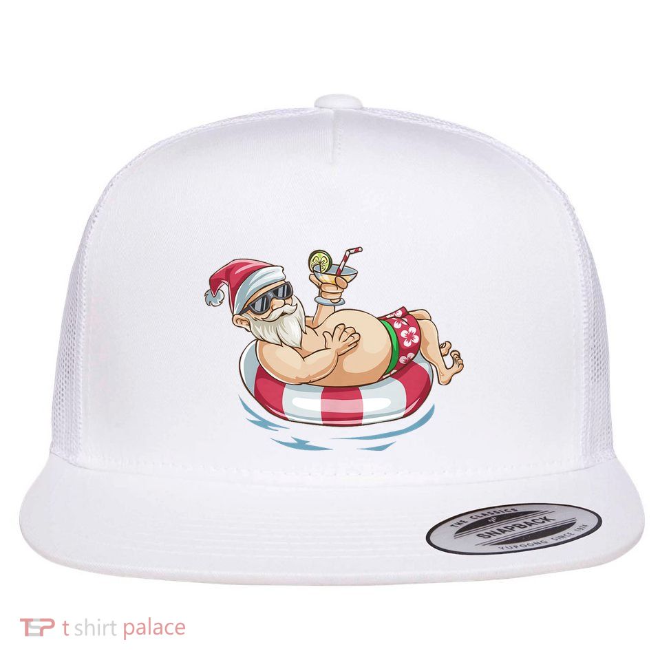 Christmas In July Hawaiian Santa Floatie Summer Flatbill Hat
