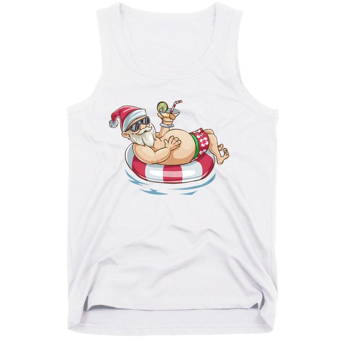 Christmas In July Hawaiian Santa Floatie Summer Tank Top