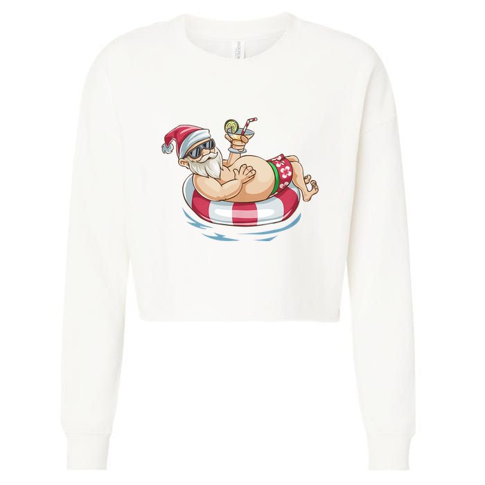 Christmas In July Hawaiian Santa Floatie Summer Cropped Pullover Crew