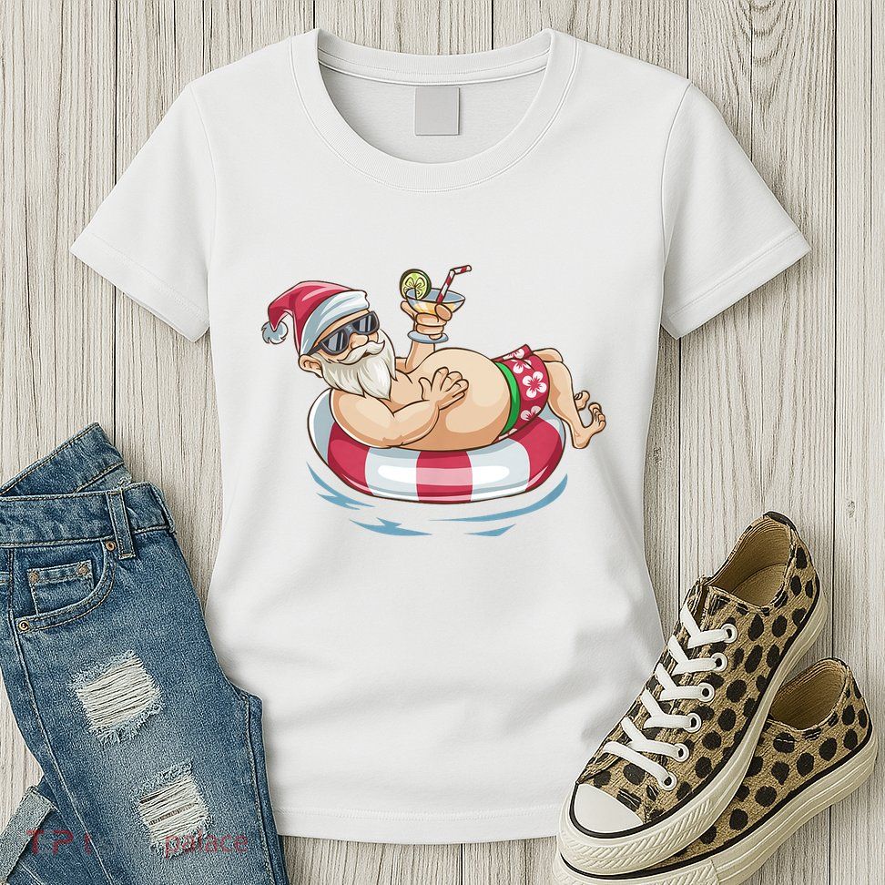 Christmas In July Hawaiian Santa Floatie Summer Womens T-Shirt