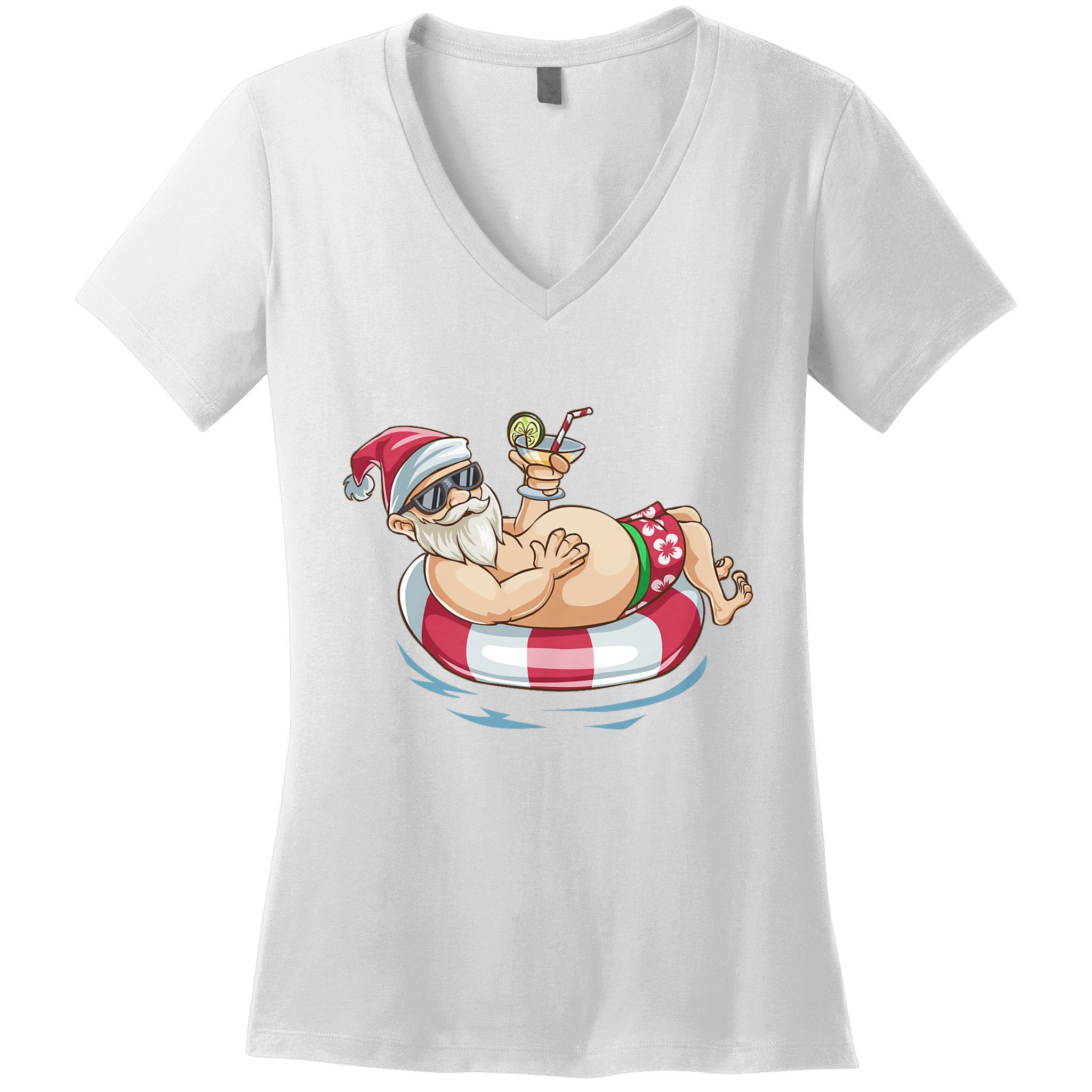 Christmas In July Hawaiian Santa Floatie Summer Women's V-Neck T-Shirt