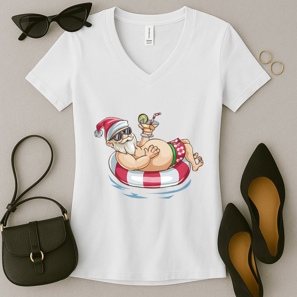 Christmas In July Hawaiian Santa Floatie Summer Women's V-Neck T-Shirt