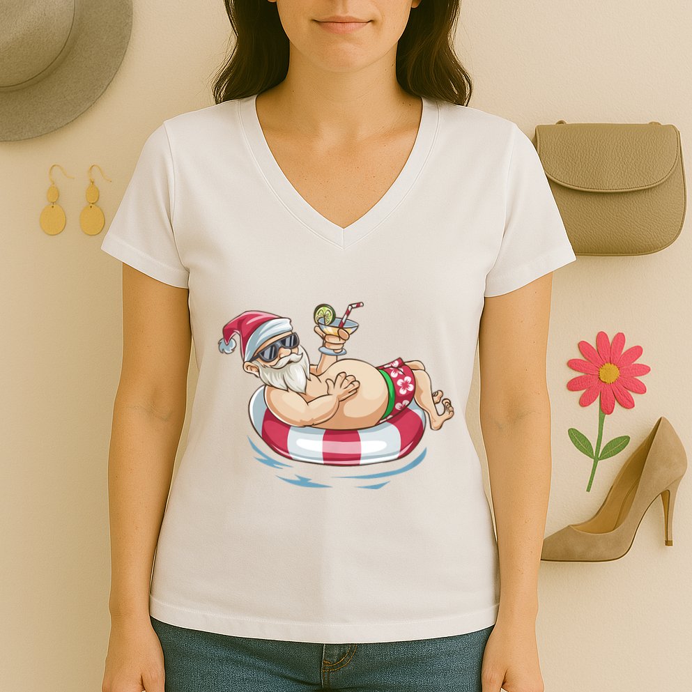 Christmas In July Hawaiian Santa Floatie Summer Women's V-Neck T-Shirt