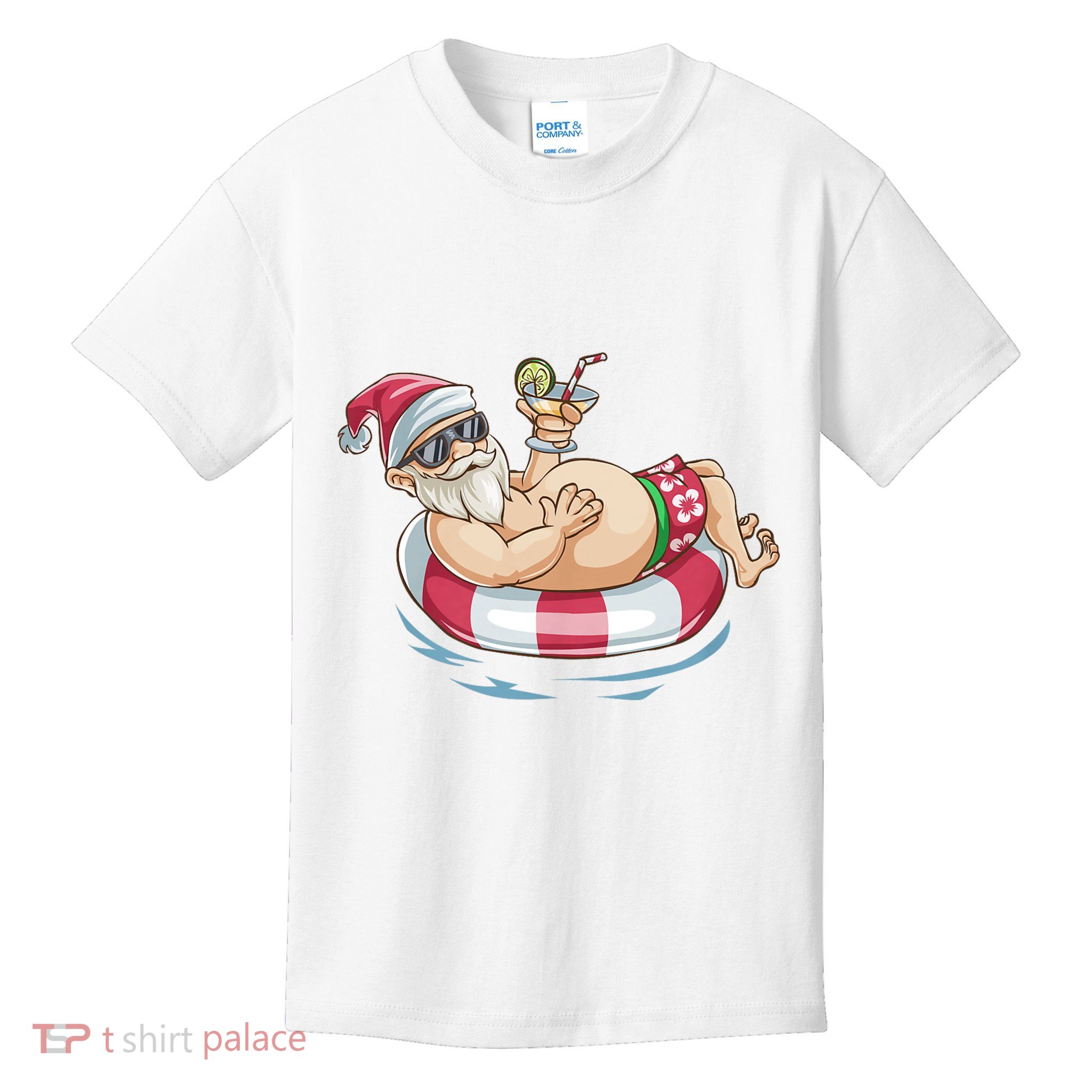 Christmas In July Hawaiian Santa Floatie Summer Kids T-Shirt