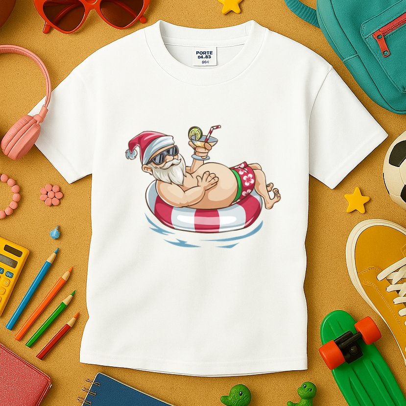 Christmas In July Hawaiian Santa Floatie Summer Kids T-Shirt