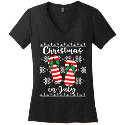 Christmas In July Ugly Christmas Flip Flops Women's V-Neck T-Shirt