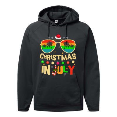 Christmas In July Beach Surf Santa Summer Tree Performance Fleece Hoodie