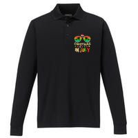 Christmas In July Beach Surf Santa Summer Tree Performance Long Sleeve Polo