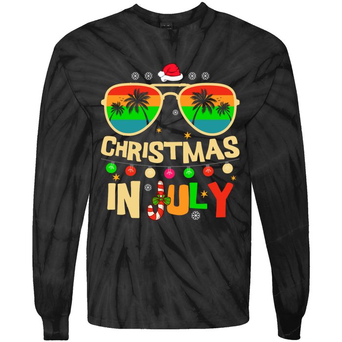 Christmas In July Beach Surf Santa Summer Tree Tie-Dye Long Sleeve Shirt