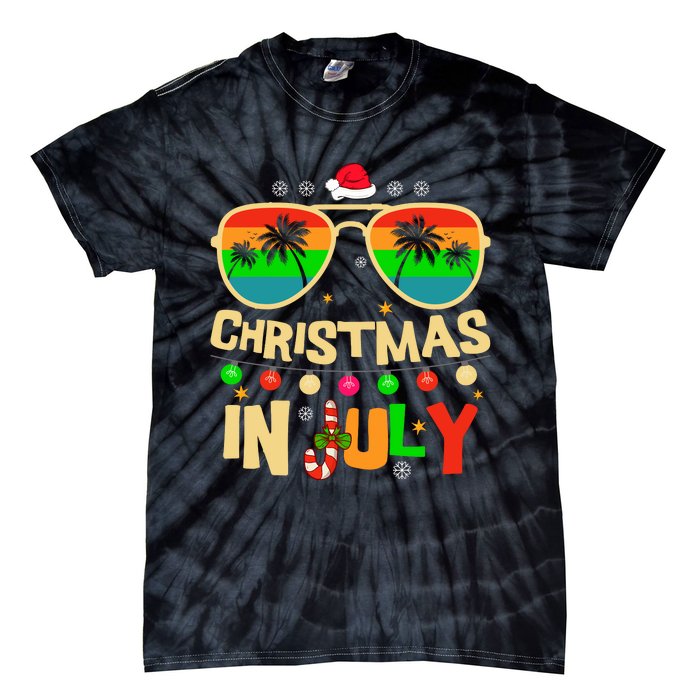 Christmas In July Beach Surf Santa Summer Tree Tie-Dye T-Shirt