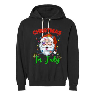 Christmas In July Santa Hat Sunglasses USA Flag Summer Garment-Dyed Fleece Hoodie