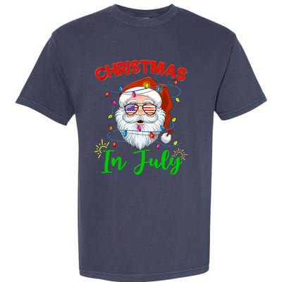 Christmas In July Santa Hat Sunglasses USA Flag Summer Garment-Dyed Heavyweight T-Shirt