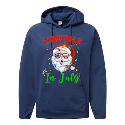 Christmas In July Santa Hat Sunglasses USA Flag Summer Performance Fleece Hoodie