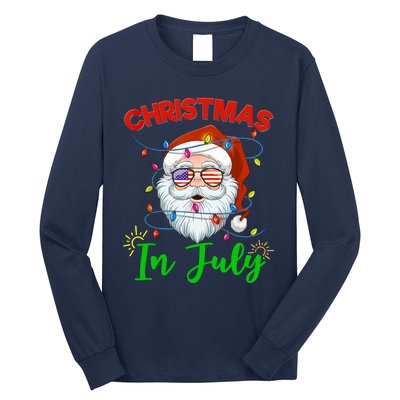 Christmas In July Santa Hat Sunglasses USA Flag Summer Long Sleeve Shirt