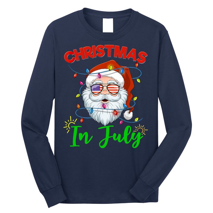 Christmas In July Santa Hat Sunglasses USA Flag Summer Long Sleeve Shirt