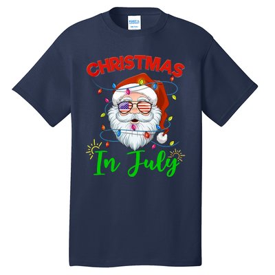 Christmas In July Santa Hat Sunglasses USA Flag Summer Tall T-Shirt