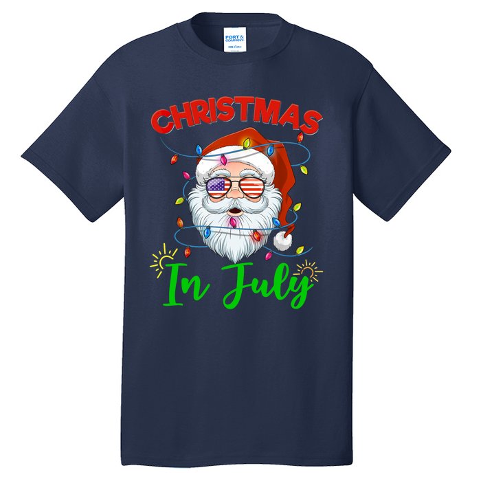 Christmas In July Santa Hat Sunglasses USA Flag Summer Tall T-Shirt