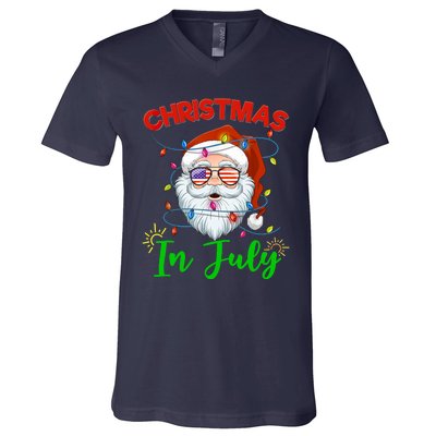 Christmas In July Santa Hat Sunglasses USA Flag Summer V-Neck T-Shirt