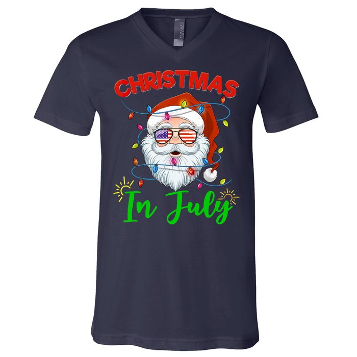 Christmas In July Santa Hat Sunglasses USA Flag Summer V-Neck T-Shirt