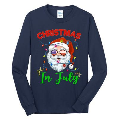 Christmas In July Santa Hat Sunglasses USA Flag Summer Tall Long Sleeve T-Shirt