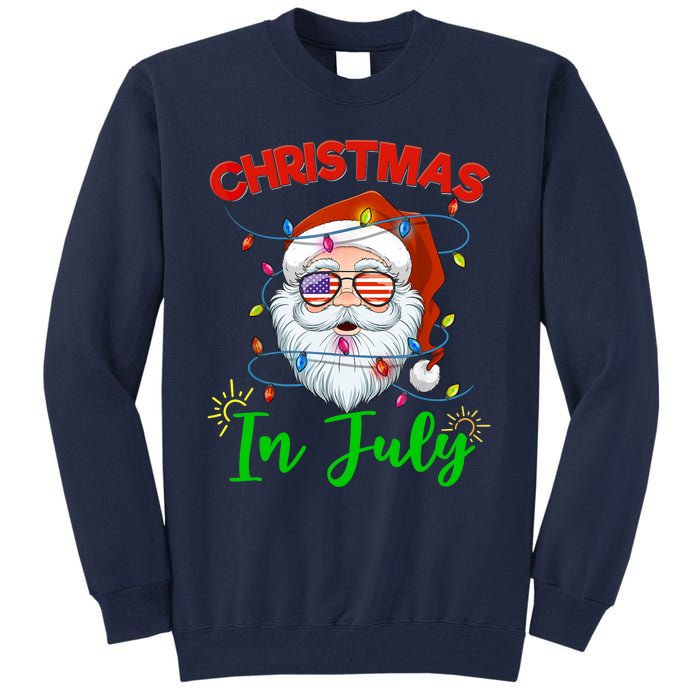 Christmas In July Santa Hat Sunglasses USA Flag Summer Tall Sweatshirt