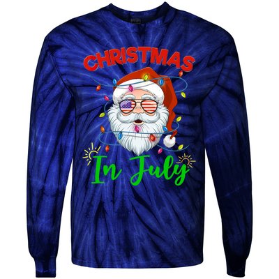 Christmas In July Santa Hat Sunglasses USA Flag Summer Tie-Dye Long Sleeve Shirt