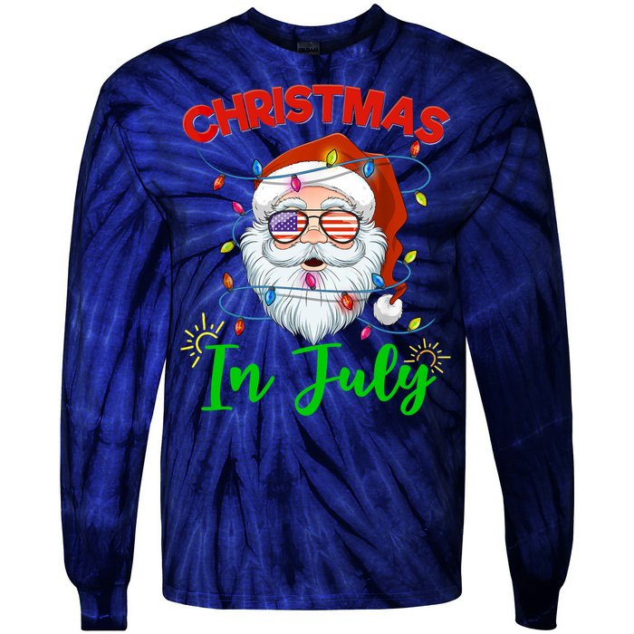 Christmas In July Santa Hat Sunglasses USA Flag Summer Tie-Dye Long Sleeve Shirt