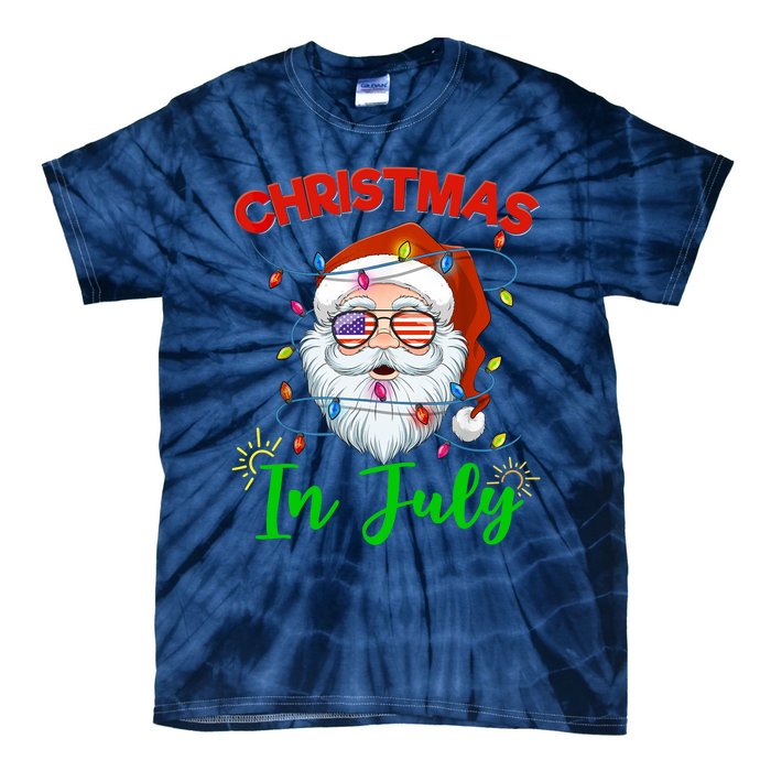 Christmas In July Santa Hat Sunglasses USA Flag Summer Tie-Dye T-Shirt