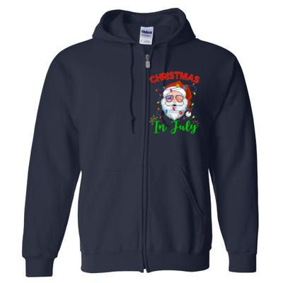 Christmas In July Santa Hat Sunglasses USA Flag Summer Full Zip Hoodie