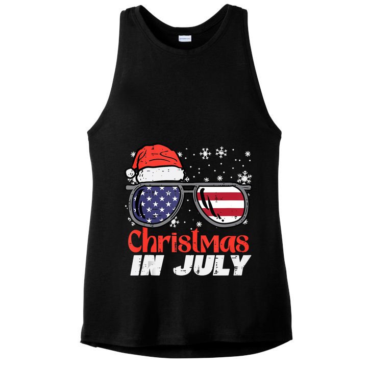Christmas In July Us Flag Santa Patriot Tank Top Ladies PosiCharge Tri-Blend Wicking Tank