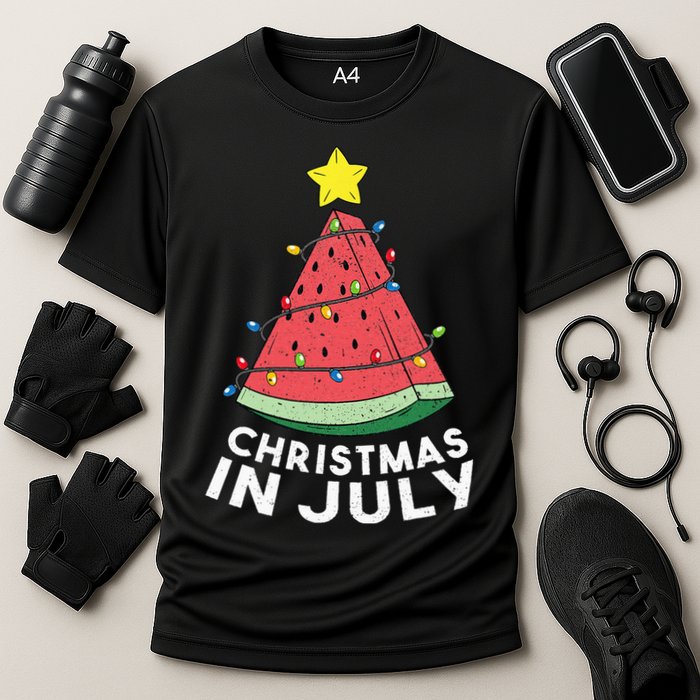 Christmas In July Summer Watermelon Xmas Tree Cooling Performance Crew T-Shirt