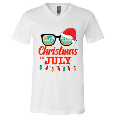 Christmas In July With Sunglasses Santa Hat For Summer Xmas Tank Top V-Neck T-Shirt