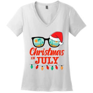 Christmas In July With Sunglasses Santa Hat For Summer Xmas Tank Top Women's V-Neck T-Shirt