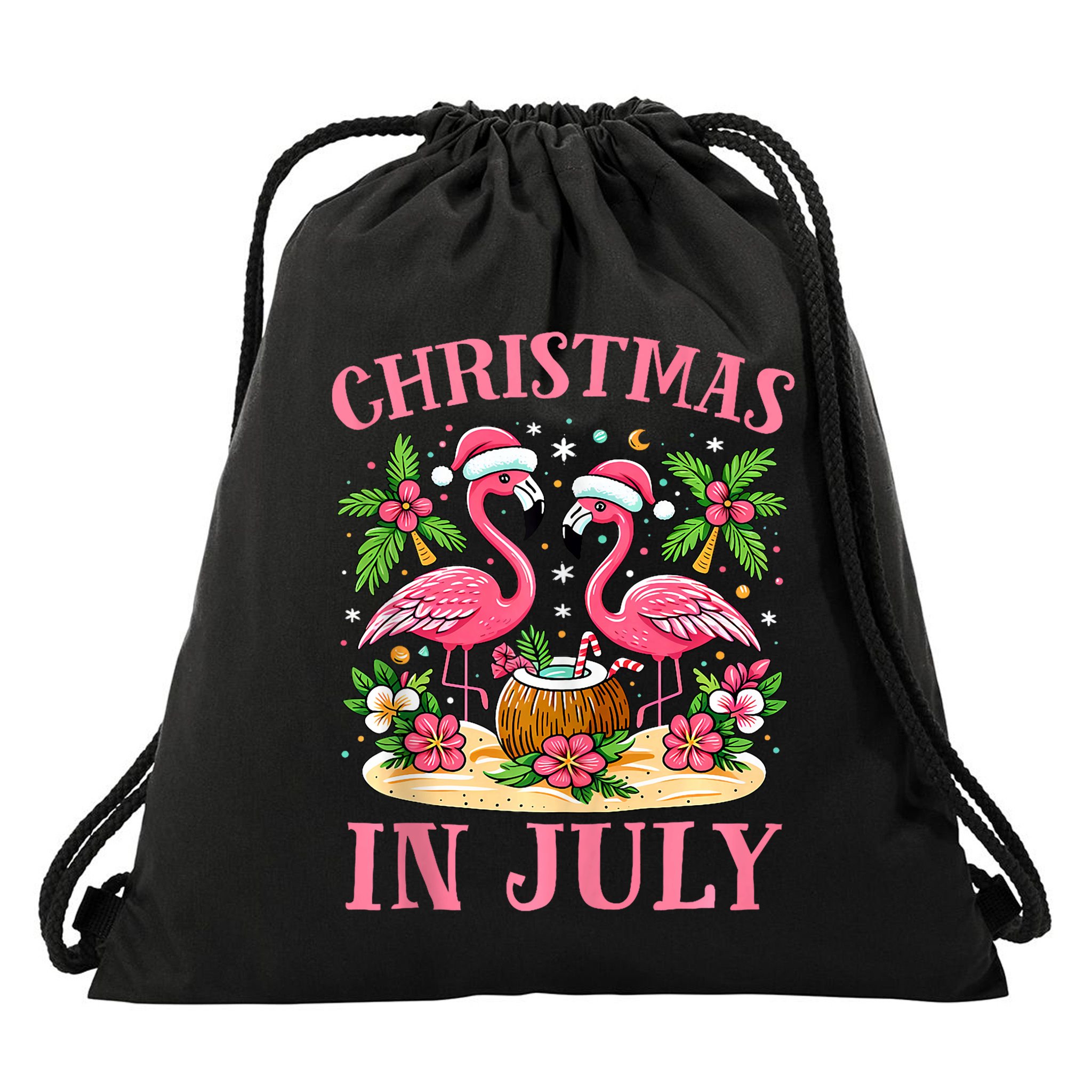 Christmas In July Cute Flamingo Christmas Drawstring Bag