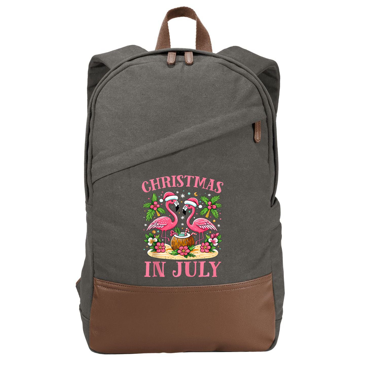 Christmas In July Cute Flamingo Christmas Cotton Canvas Backpack