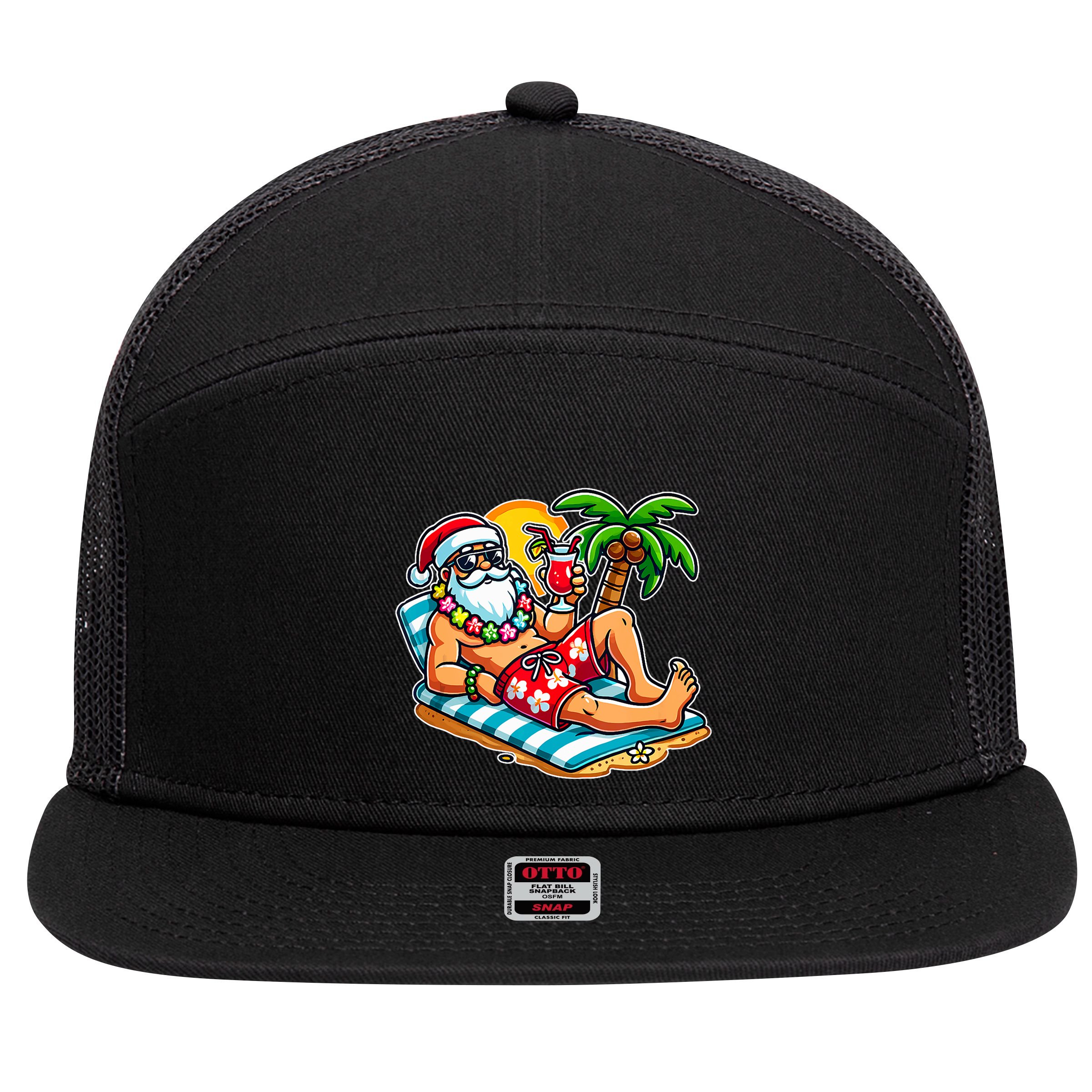 Christmas In July Festive Tropical Santa On Vacation Summer 7 Panel Mesh Trucker Snapback Hat