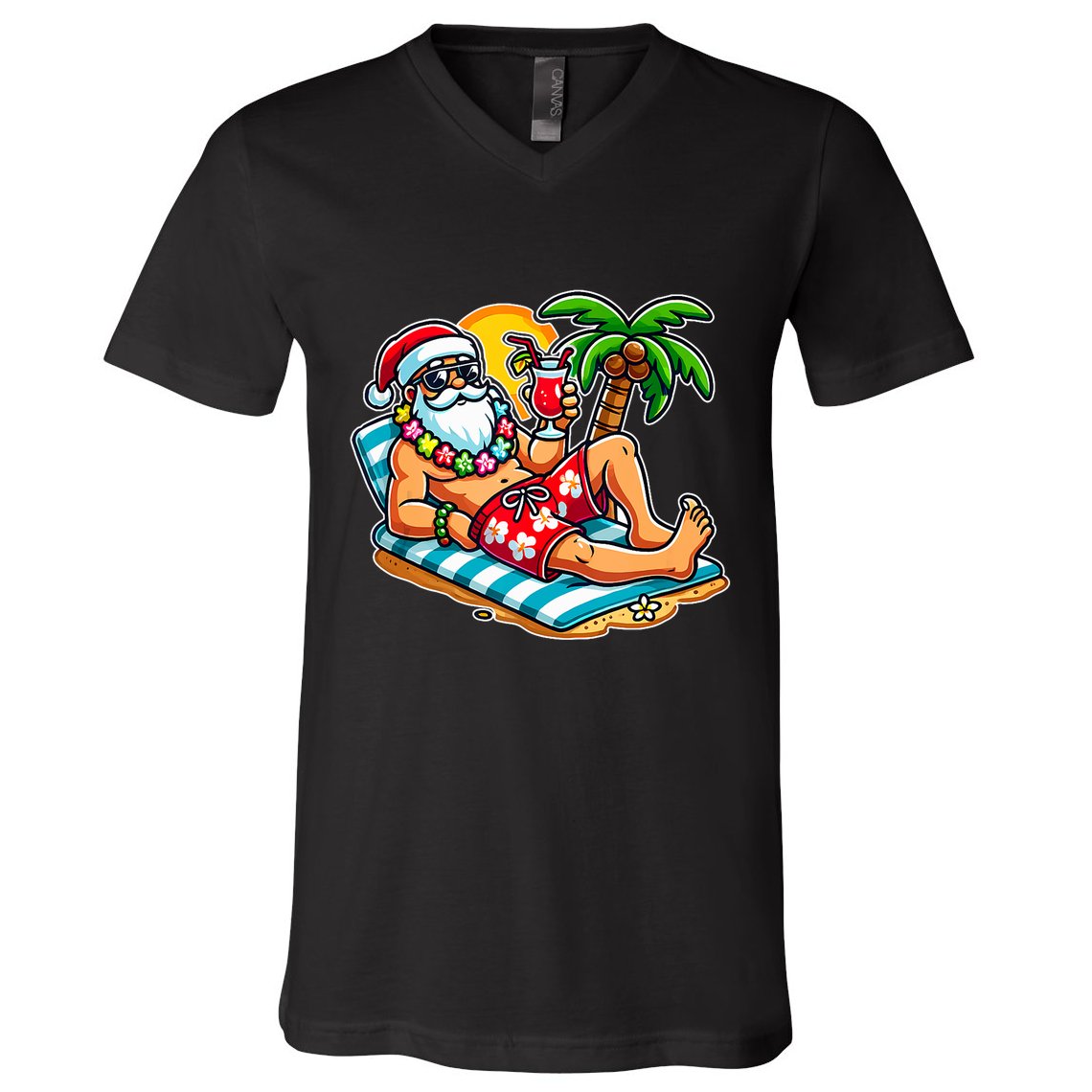 Christmas In July Festive Tropical Santa On Vacation Summer V-Neck T-Shirt