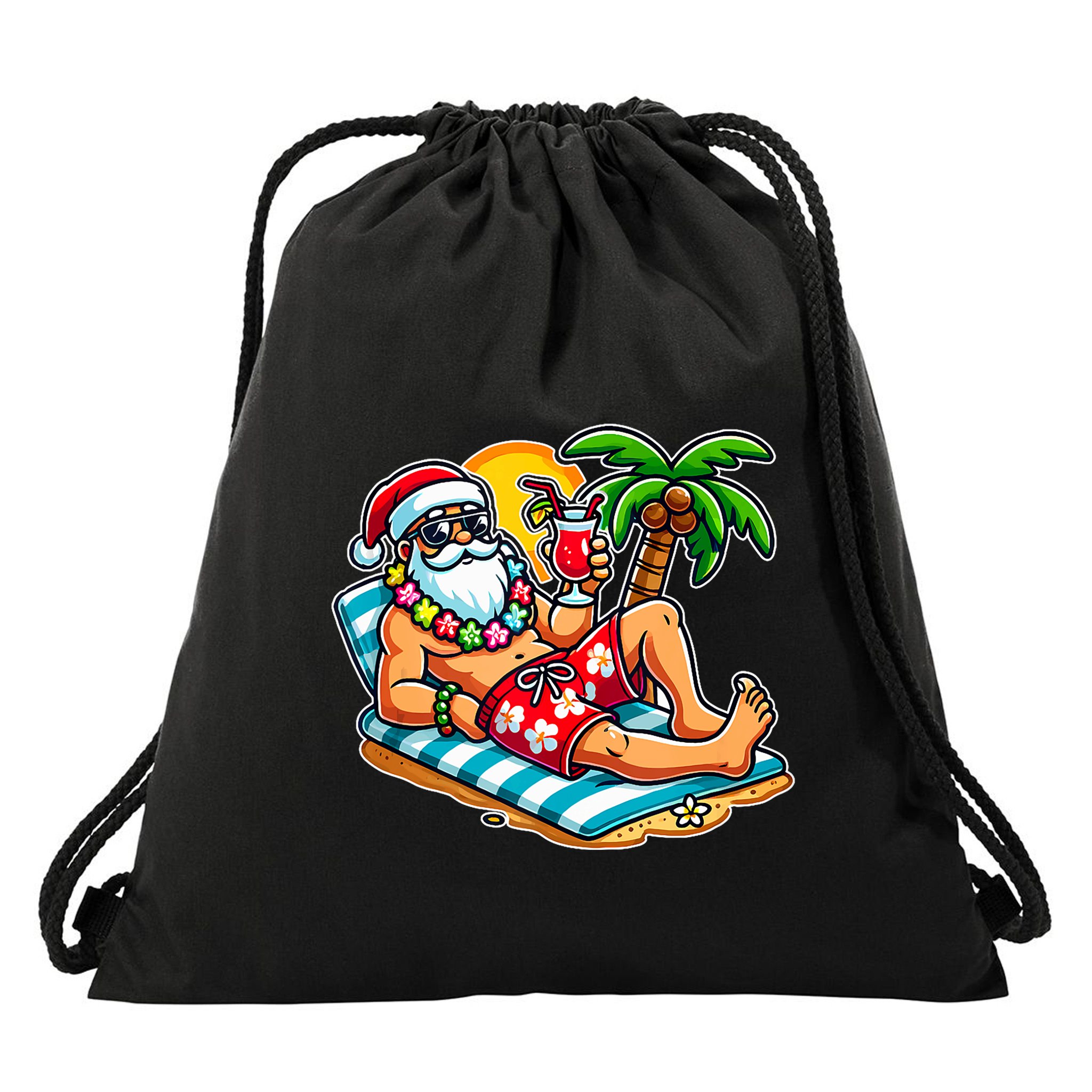 Christmas In July Festive Tropical Santa On Vacation Summer Drawstring Bag