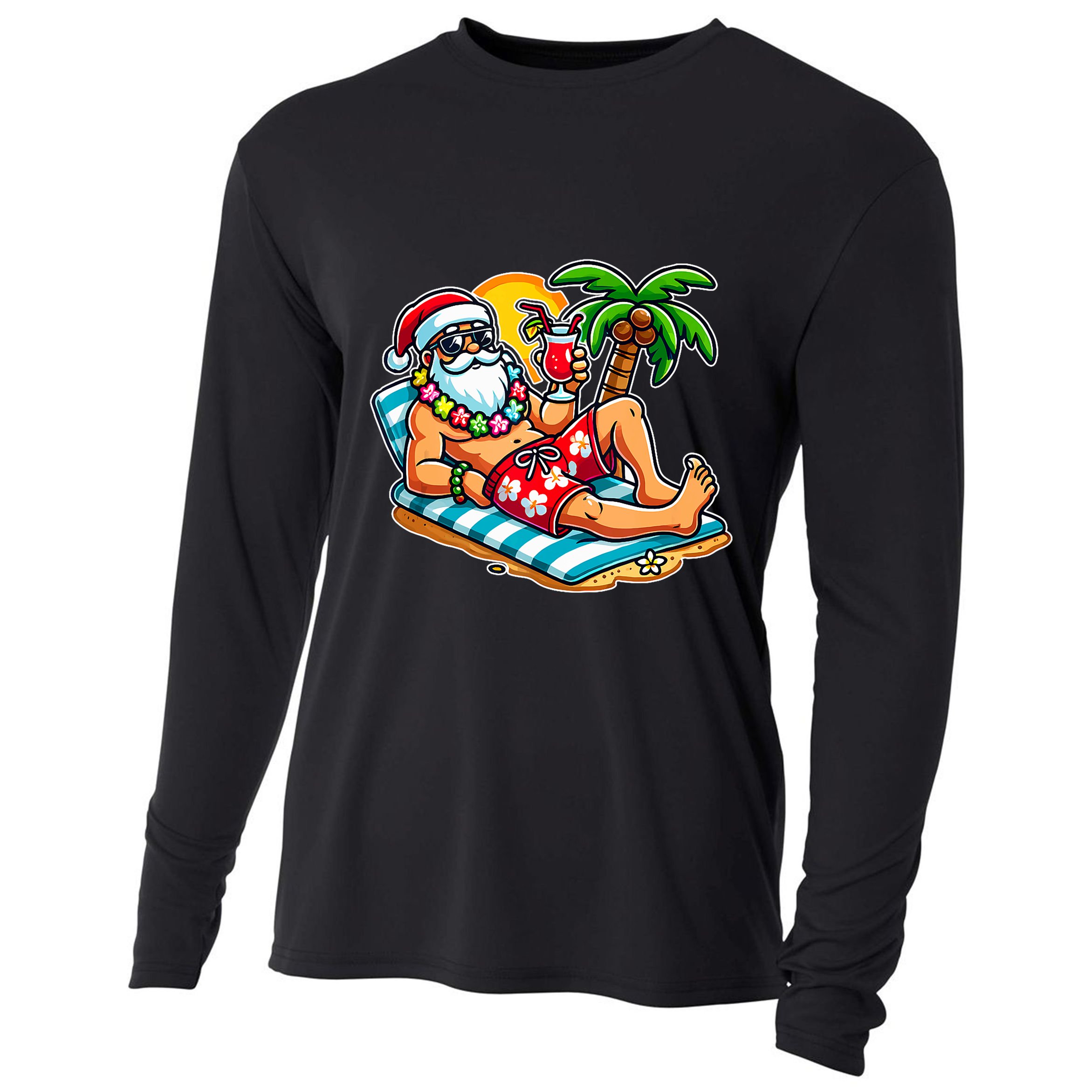 Christmas In July Festive Tropical Santa On Vacation Summer Cooling Performance Long Sleeve Crew