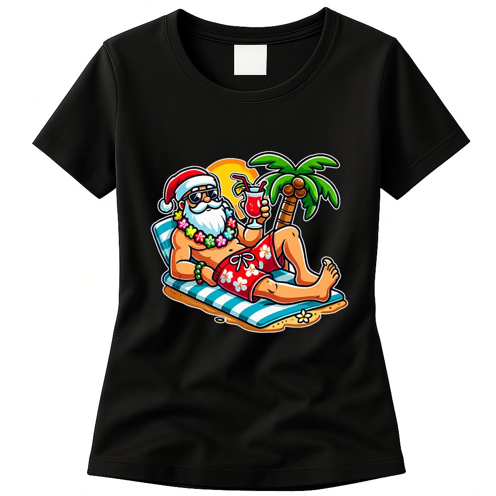 Christmas In July Festive Tropical Santa On Vacation Summer Womens T-Shirt
