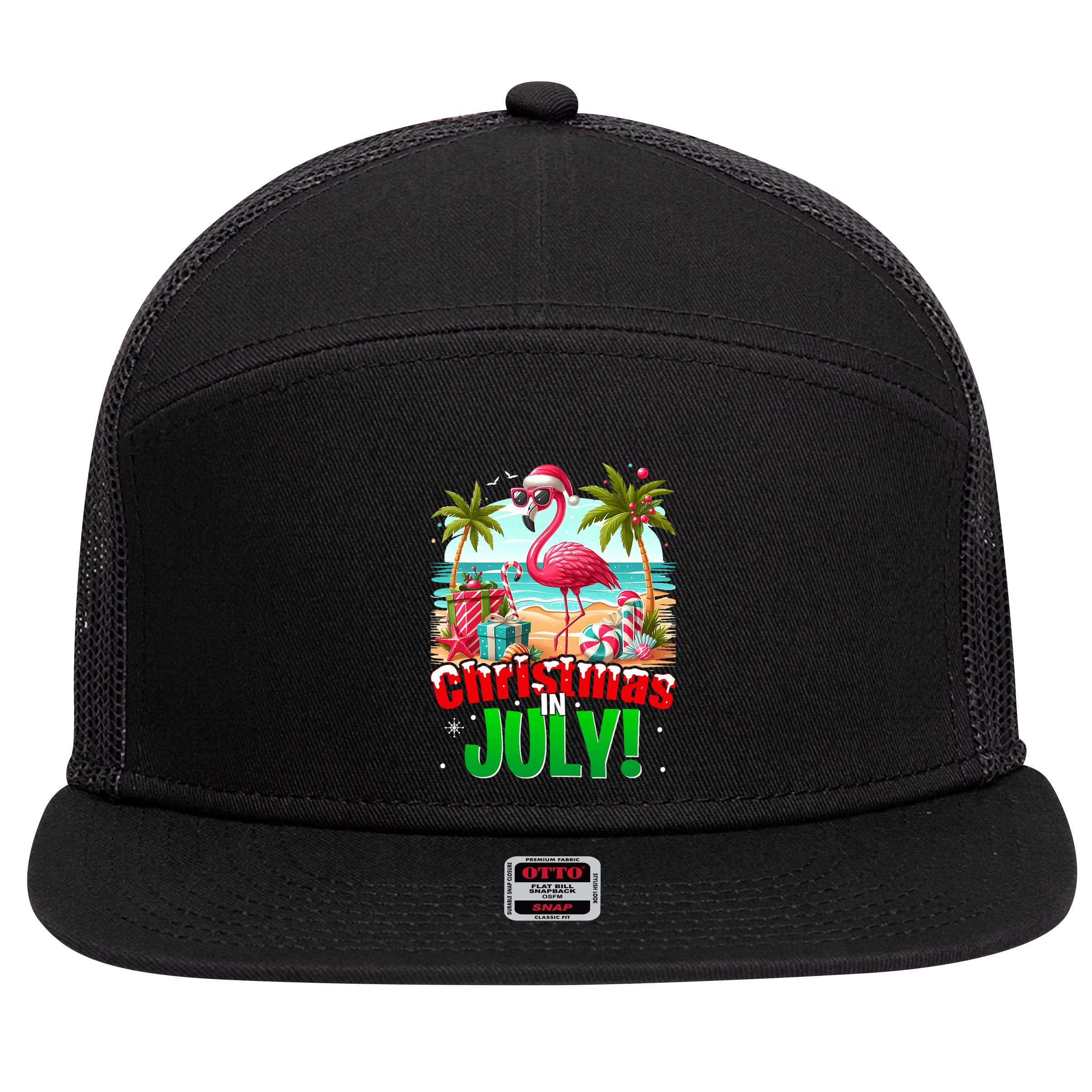 Christmas In July Flamingo Beach Summer Hawaii 7 Panel Mesh Trucker Snapback Hat