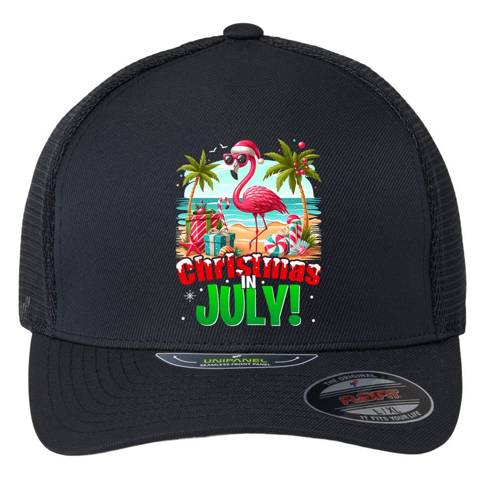 Christmas In July Flamingo Beach Summer Hawaii Flexfit Unipanel Trucker Cap