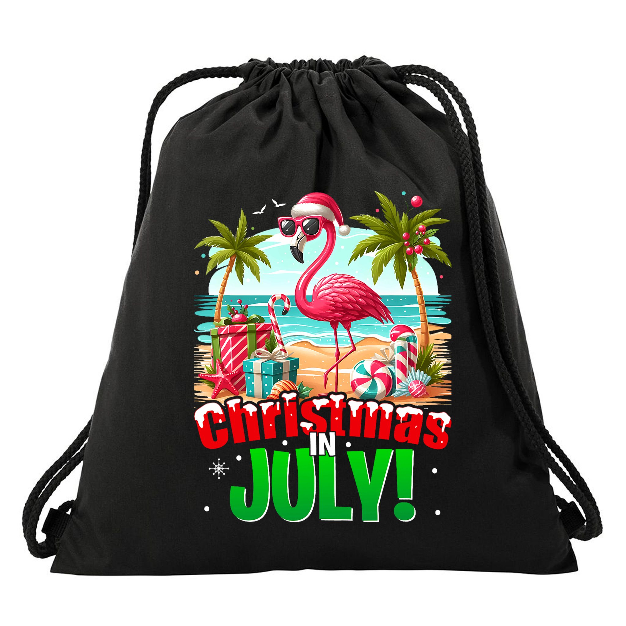 Christmas In July Flamingo Beach Summer Hawaii Drawstring Bag