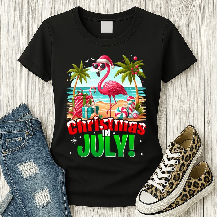 Christmas In July Flamingo Beach Summer Hawaii Womens T-Shirt