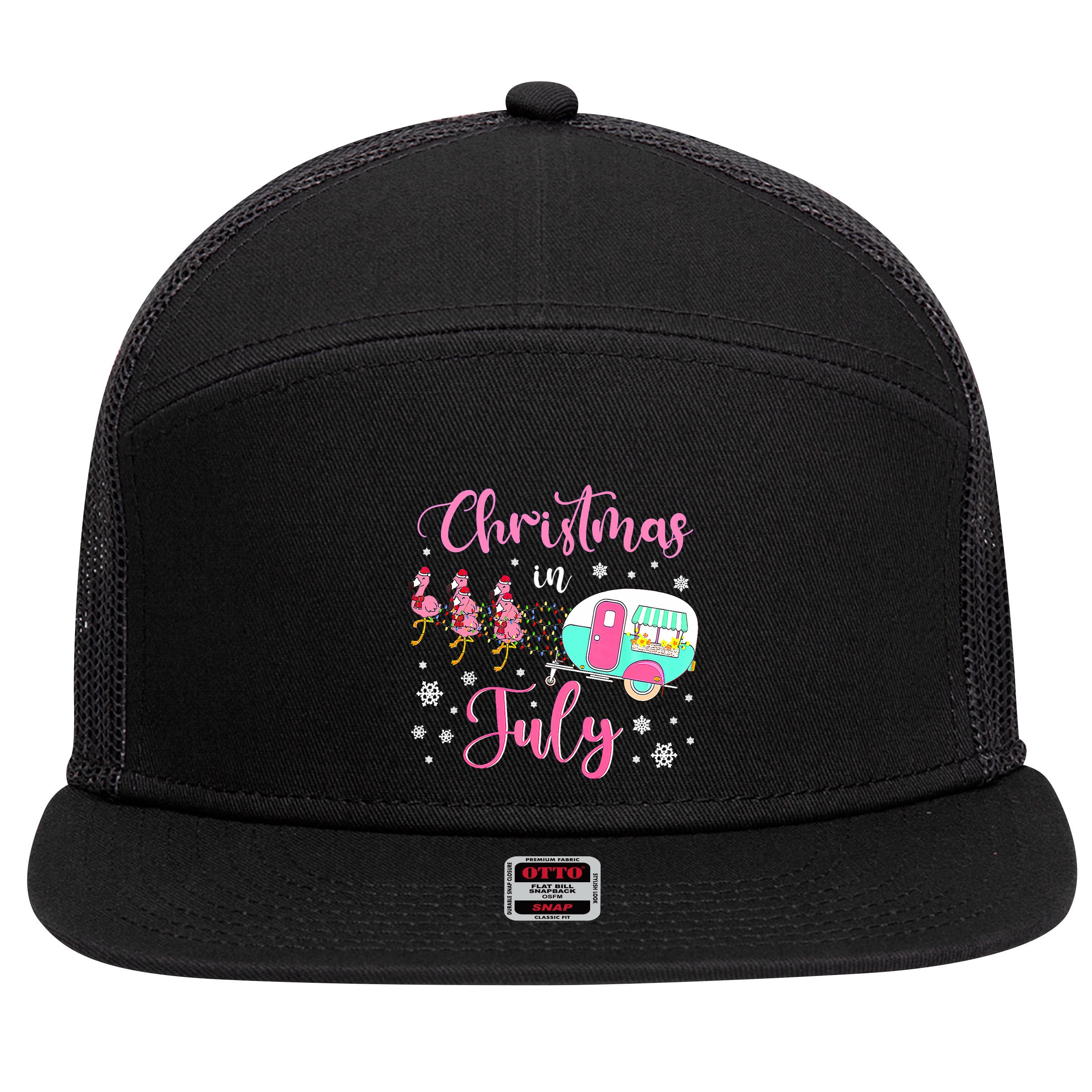 Christmas In July Flamingo Santa Hat Camper Camping 7 Panel Mesh Trucker Snapback Hat