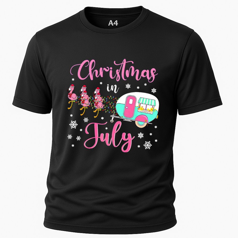 Christmas In July Flamingo Santa Hat Camper Camping Cooling Performance Crew T-Shirt