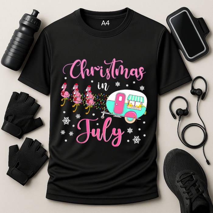 Christmas In July Flamingo Santa Hat Camper Camping Cooling Performance Crew T-Shirt