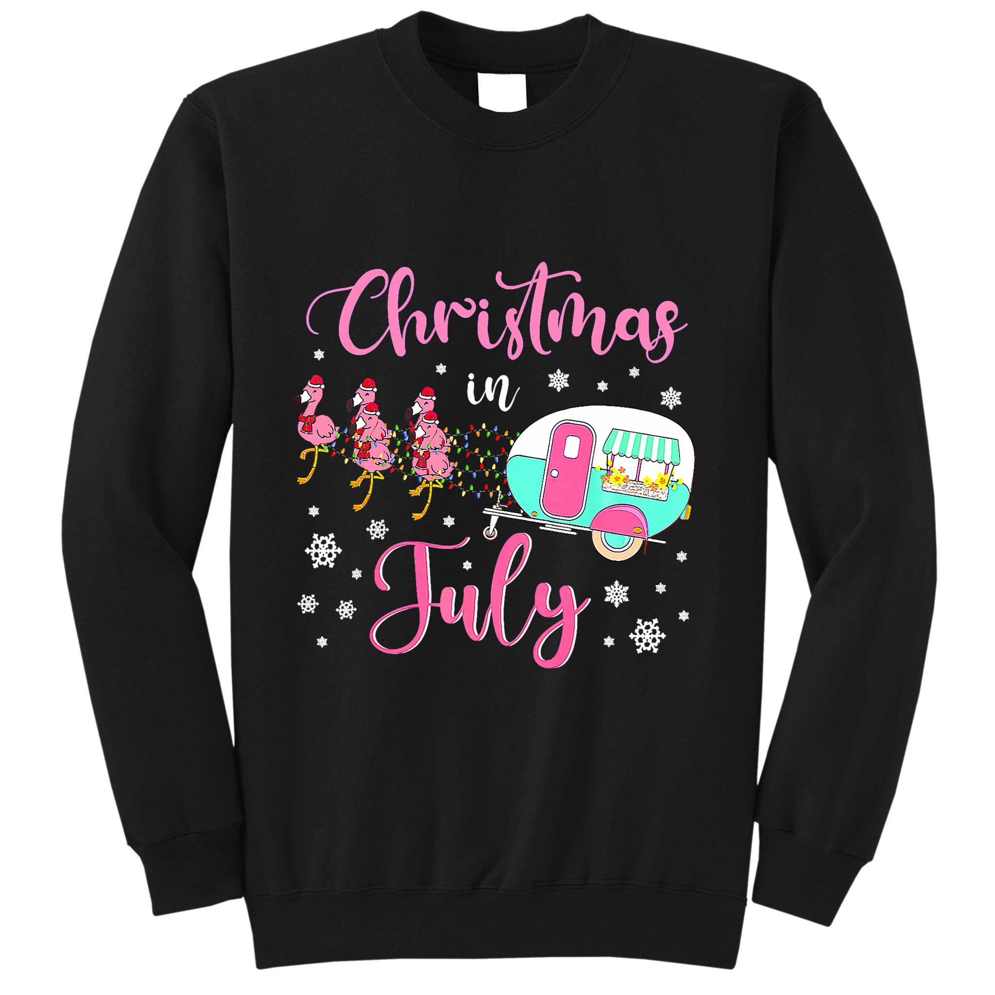 Christmas In July Flamingo Santa Hat Camper Camping Sweatshirt