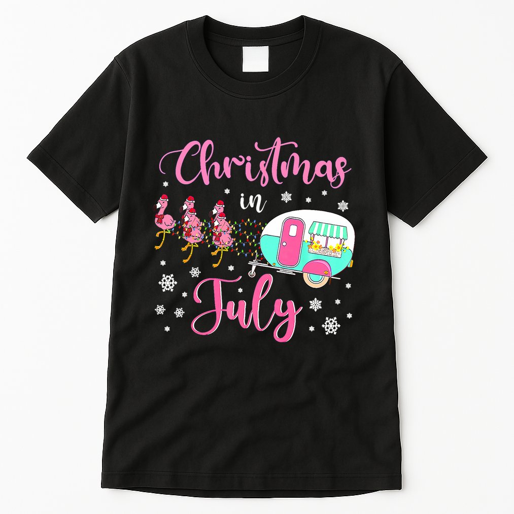 Christmas In July Flamingo Santa Hat Camper Camping Tall T-Shirt