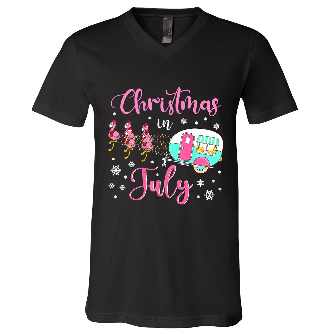 Christmas In July Flamingo Santa Hat Camper Camping V-Neck T-Shirt